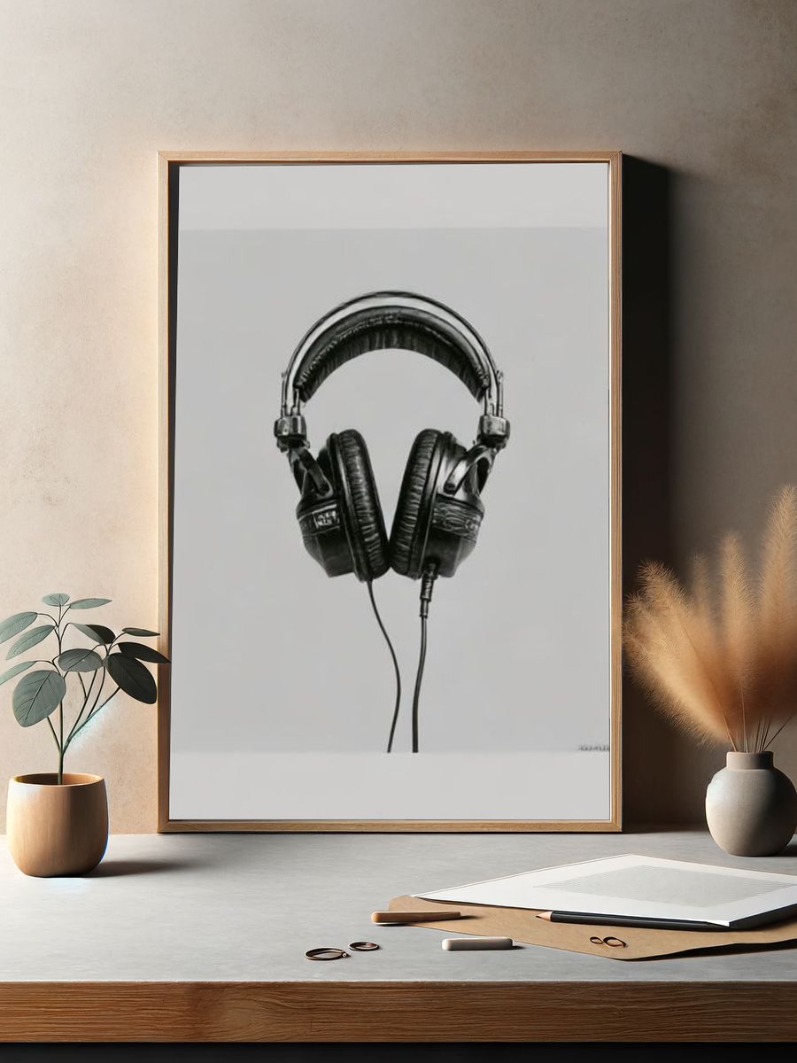 Headphones Black-White Poster. — room view 2