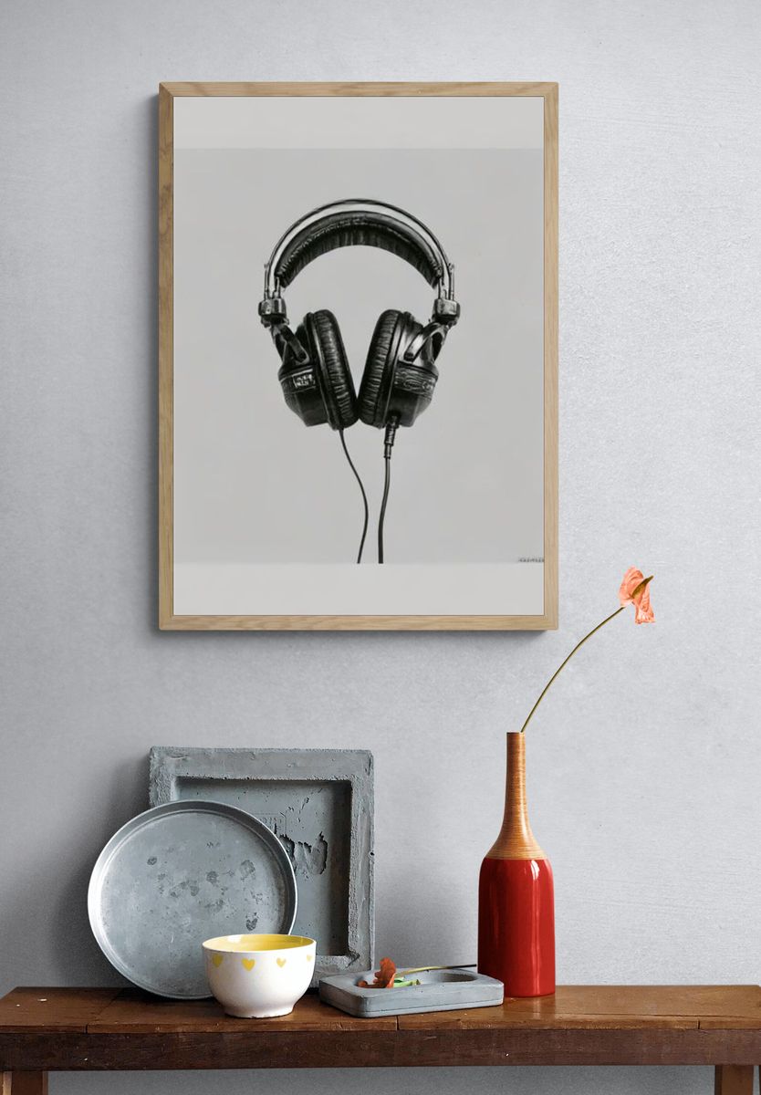 Headphones Black-White Poster. — room view 3