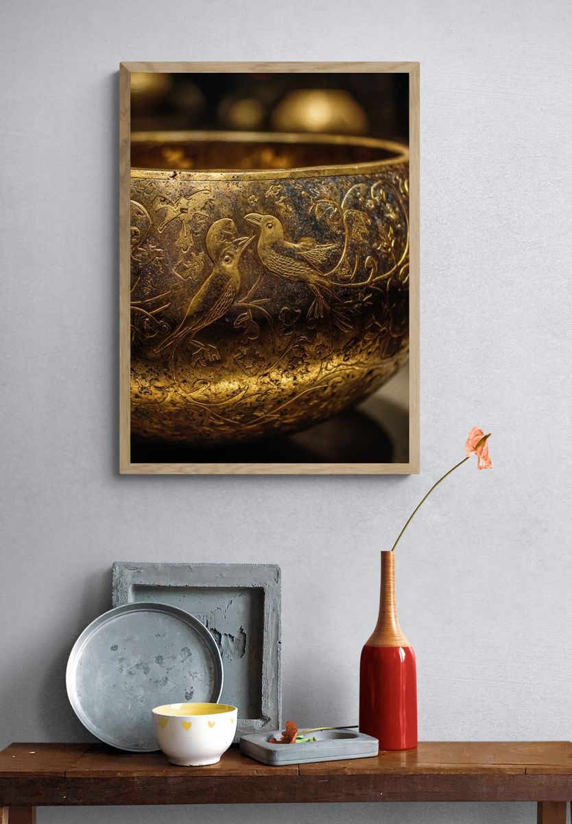 Golden Bird Engraving Photography Poster. — room view 3