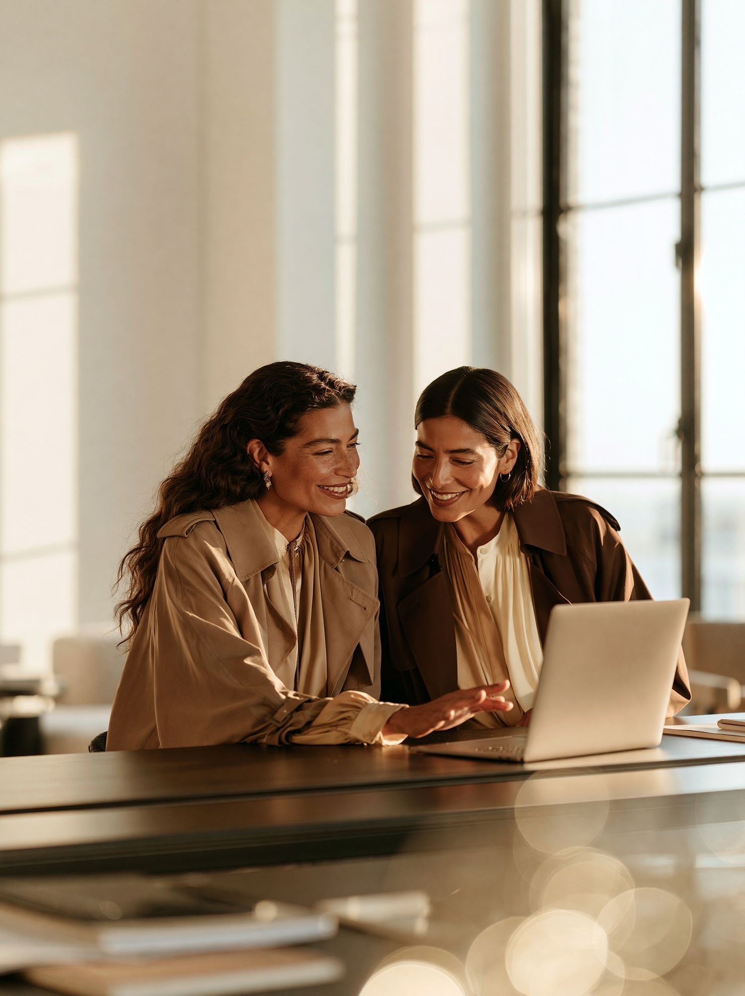 Sunlit Women at Laptop Photography Poster. poster detail