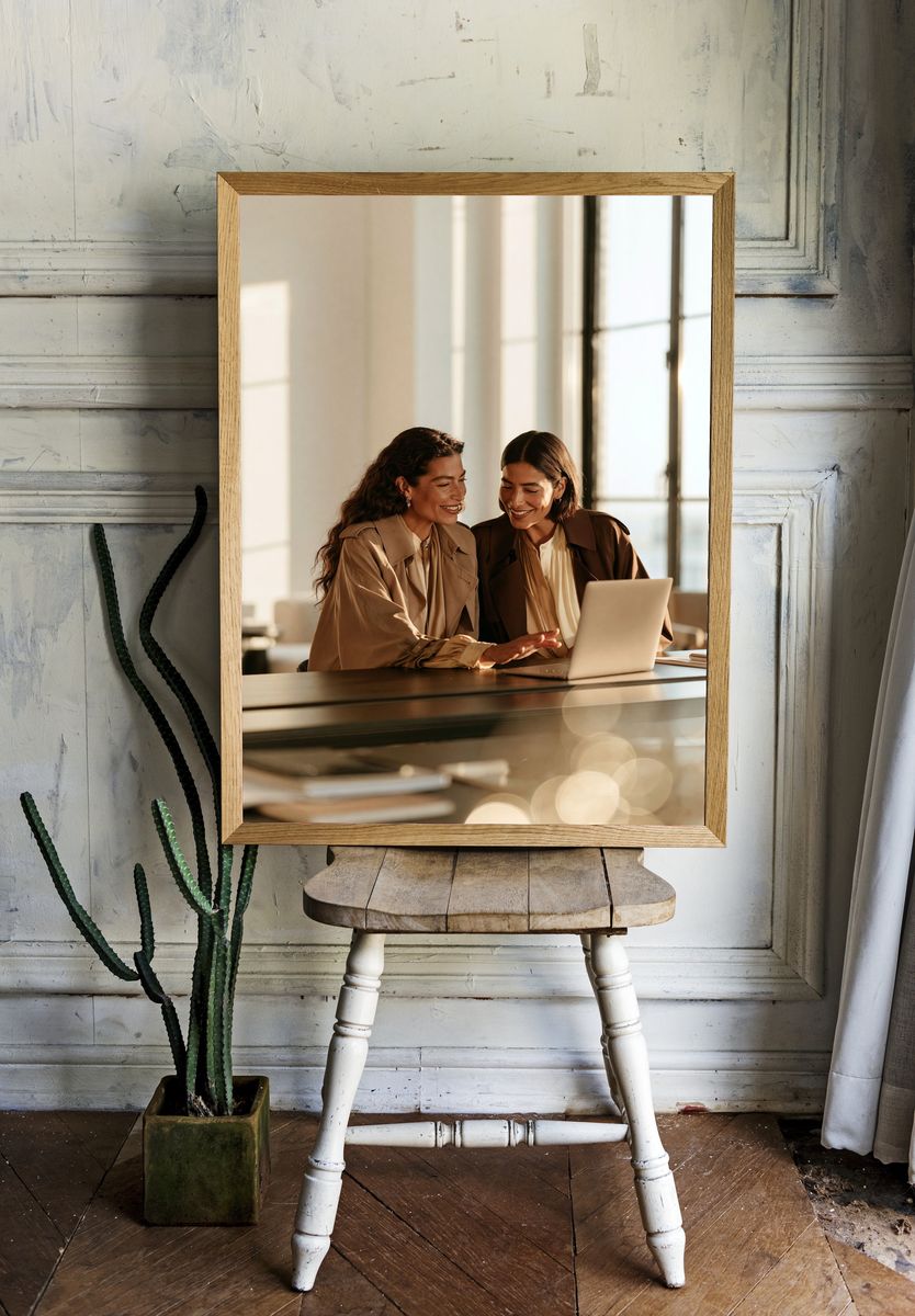 Sunlit Women at Laptop Photography Poster. — room view 1