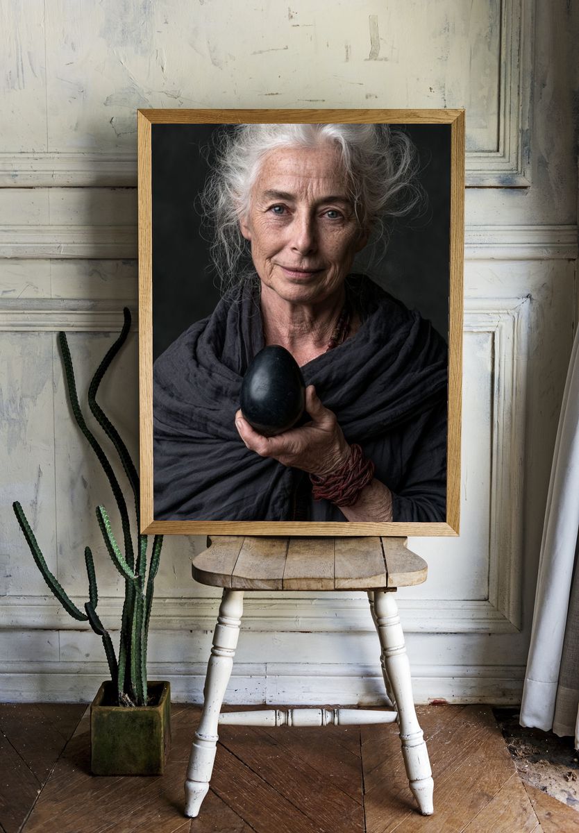 Elderly Woman with Black Egg Portrait Poster. room preview