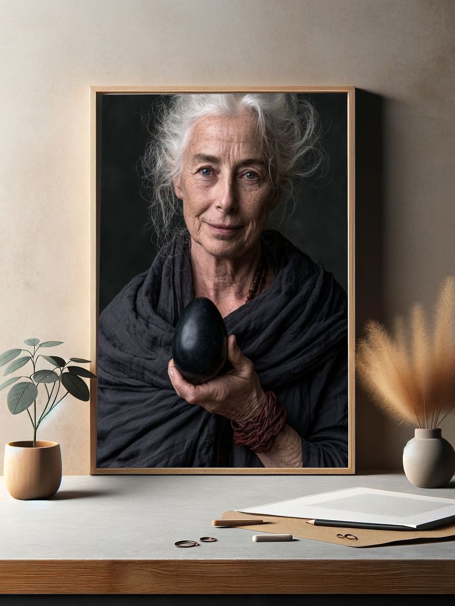 Elderly Woman with Black Egg Portrait Poster. — room view 2