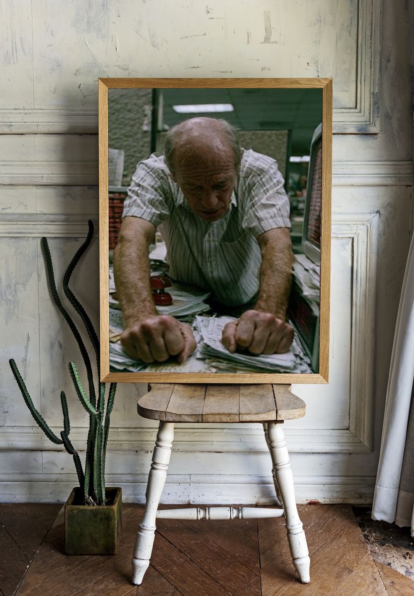Tense Man at Counter Photography Poster. room preview