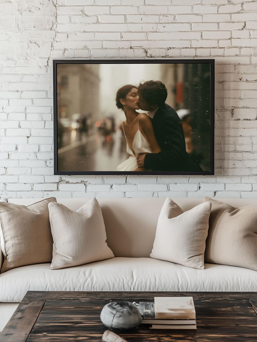 Rainy City Kiss Photography Poster. room preview