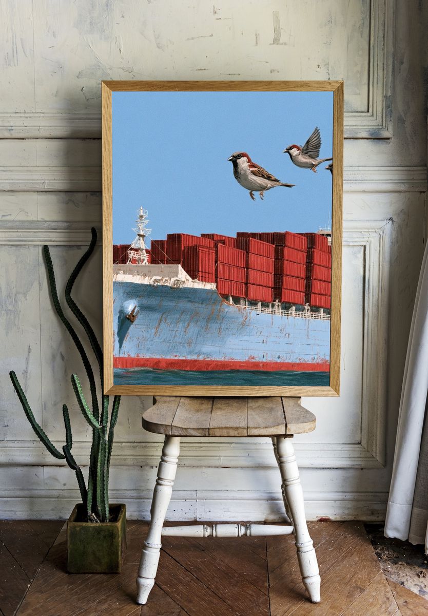Cargo Ship and Sparrows Photography Poster. — room view 1