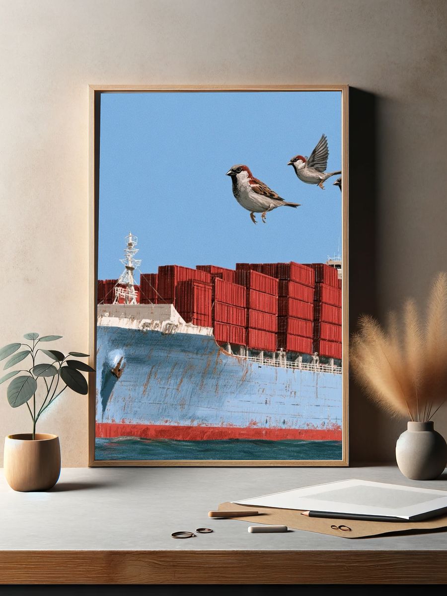 Cargo Ship and Sparrows Photography Poster. — room view 2