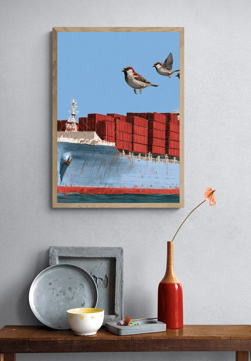 Cargo Ship and Sparrows Photography Poster. — room view 3
