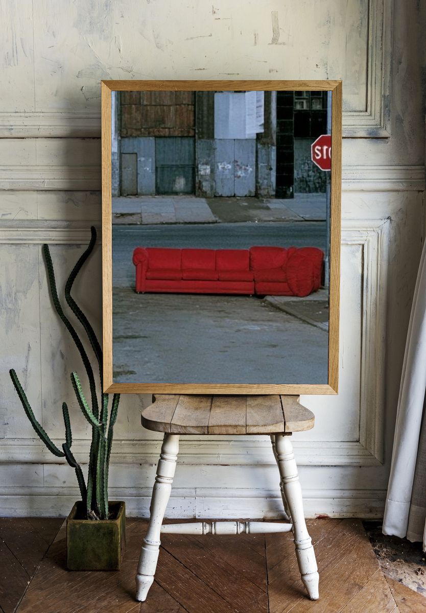 Red Sofa Street Scene Poster. — room view 1