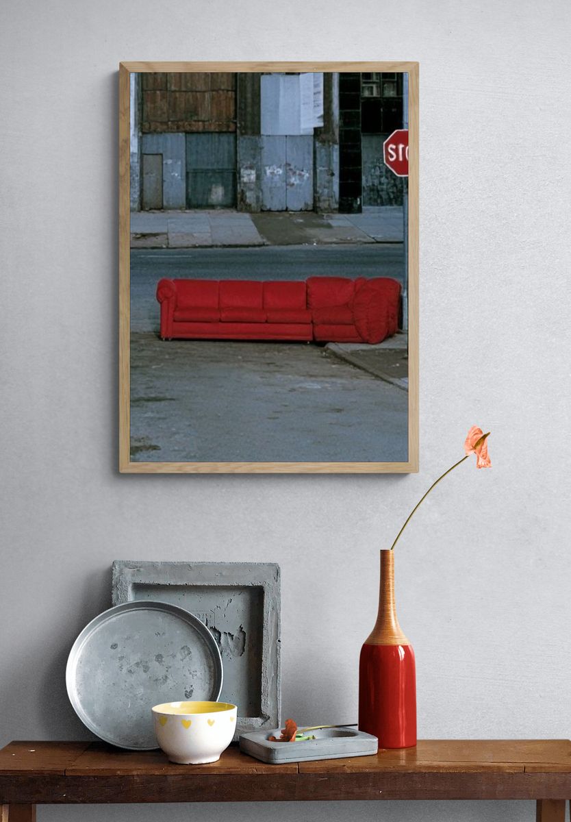 Red Sofa Street Scene Poster. — room view 3