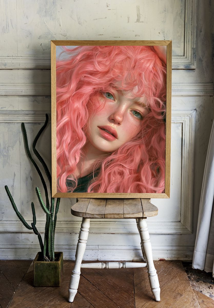 Pink Curly Hair Portrait Print. — room view 1