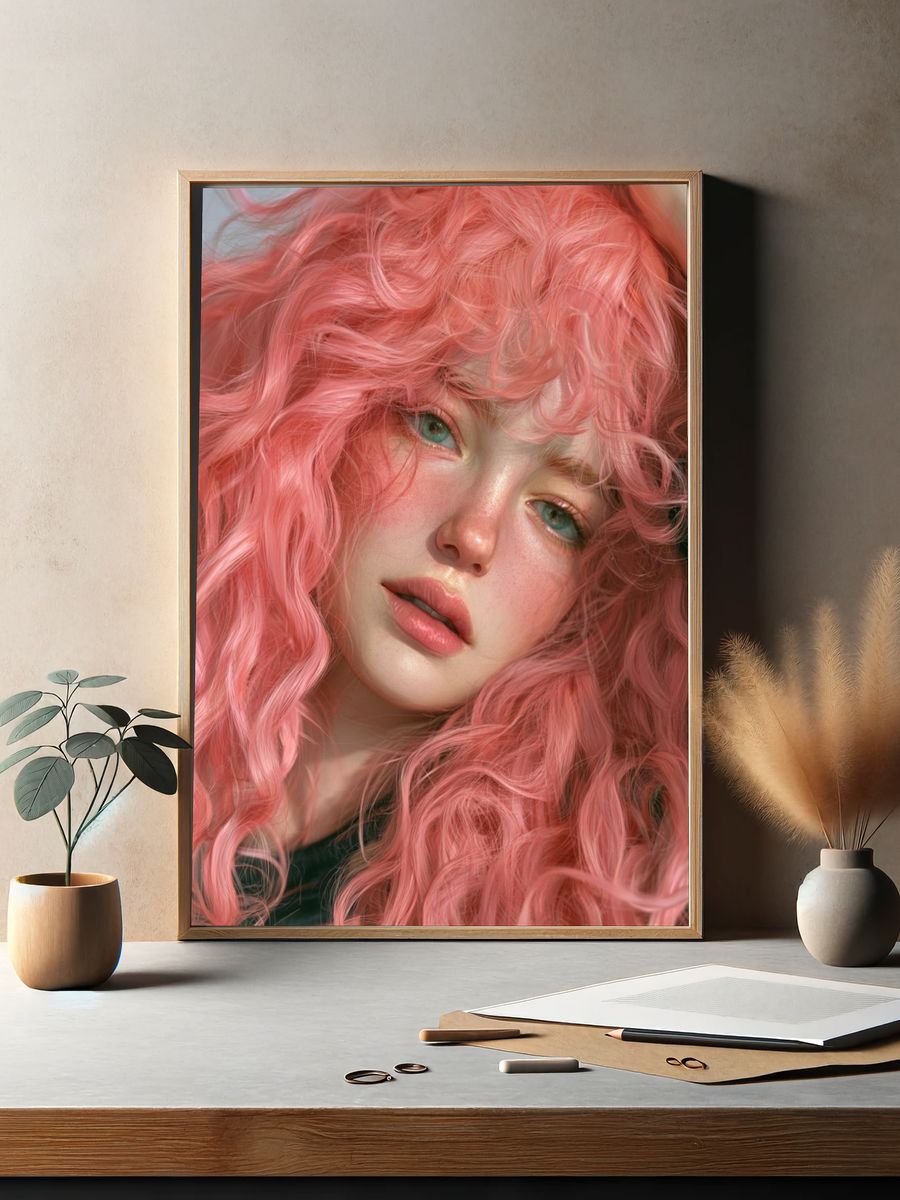 Pink Curly Hair Portrait Print. — room view 2