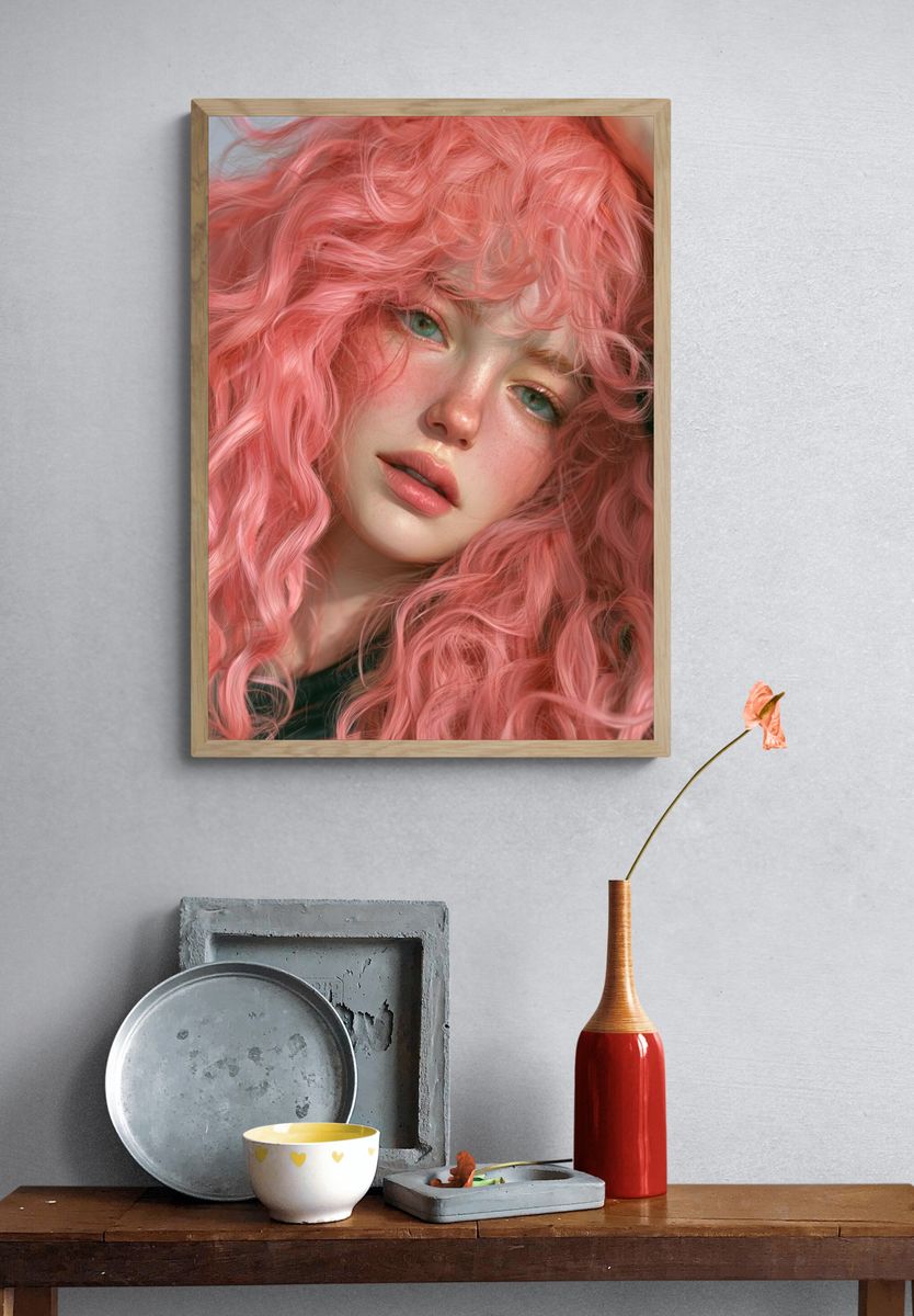 Pink Curly Hair Portrait Print. — room view 3