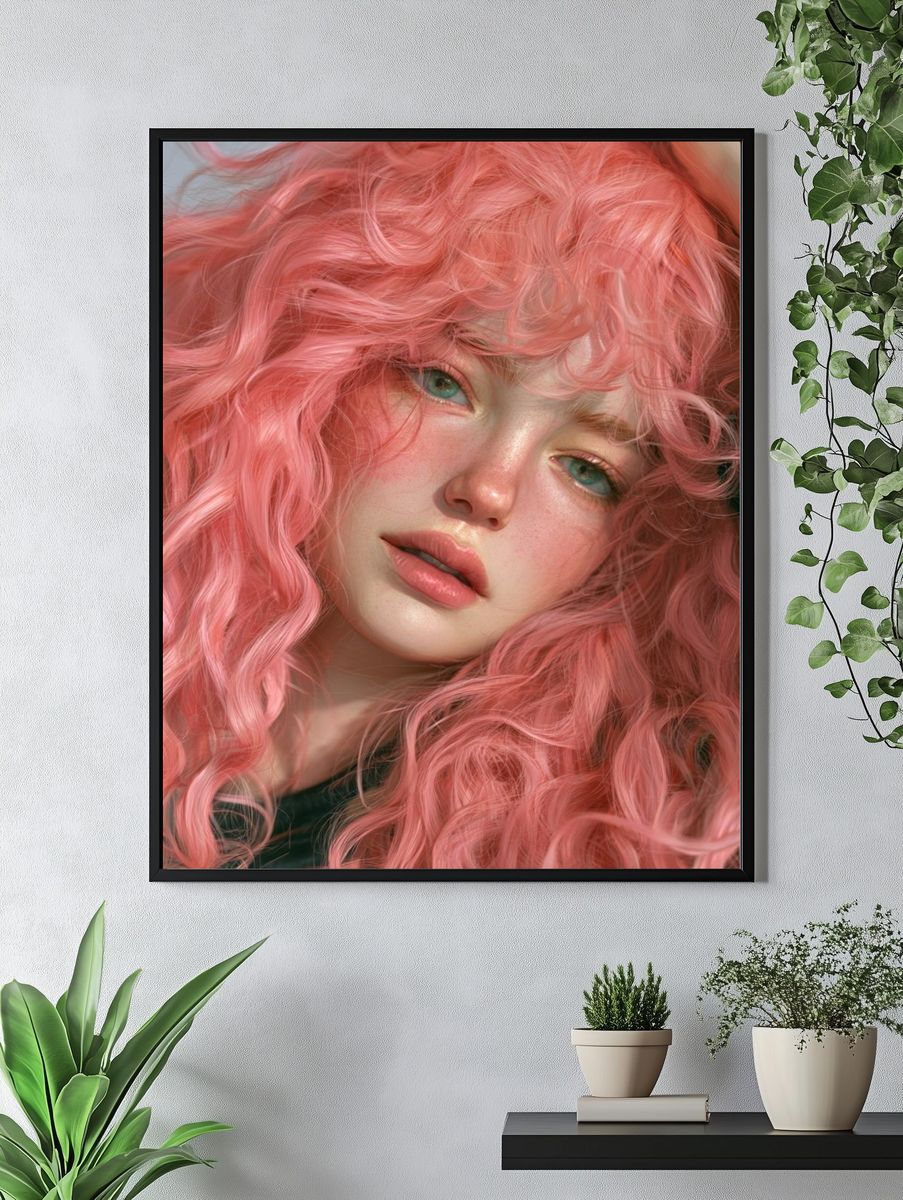 Pink Curly Hair Portrait Print. — room view 4
