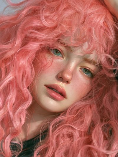 Pink Curly Hair Portrait Print. poster