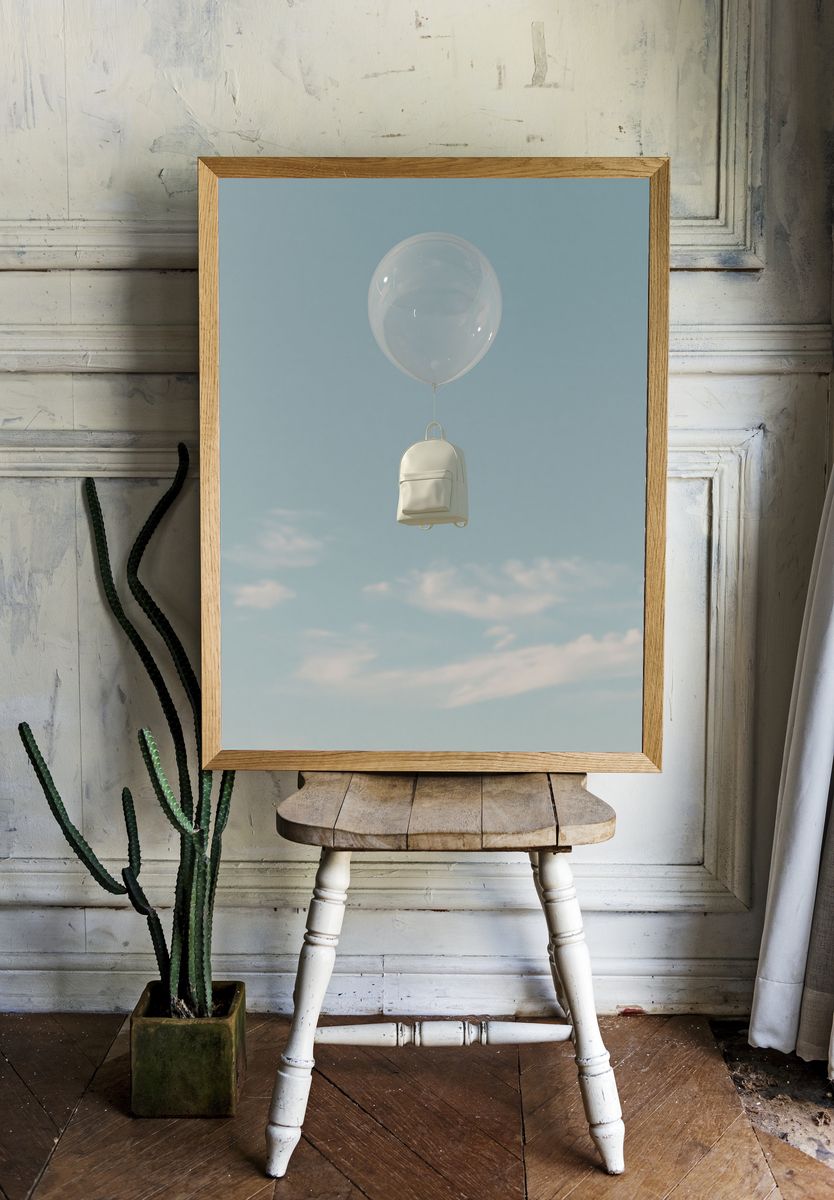 Floating Backpack Sky Photography Poster. room preview