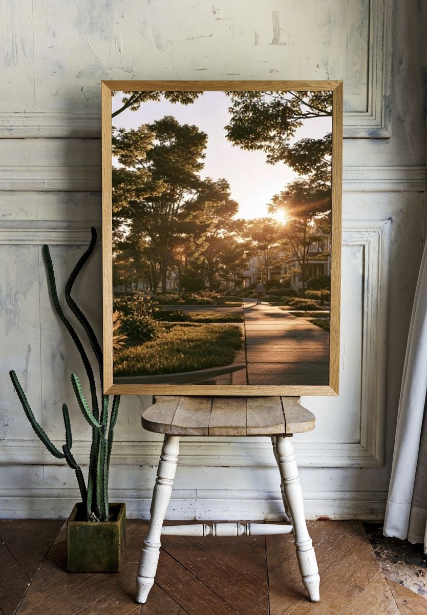 Sunlit Neighborhood Street Photography Poster. room preview