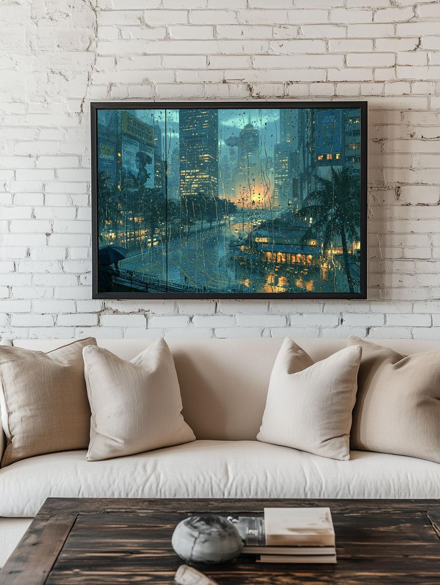Rainy City Sunset Photography Poster. — room view 1
