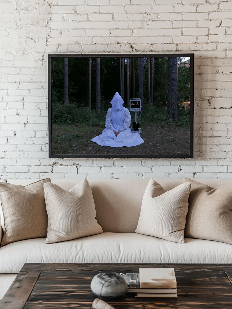 Masked Figure in Forest Photography Poster. — room view 1