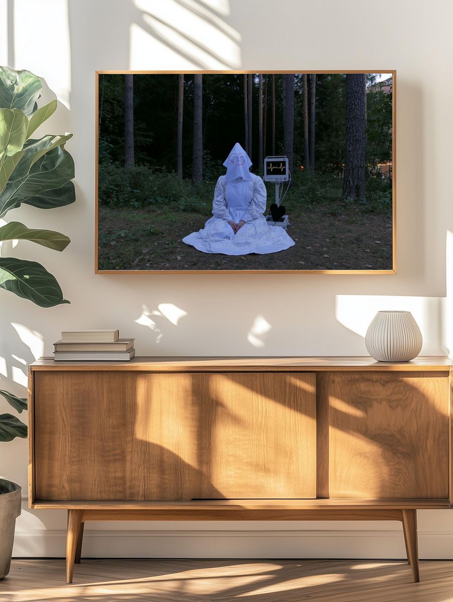 Masked Figure in Forest Photography Poster. — room view 3