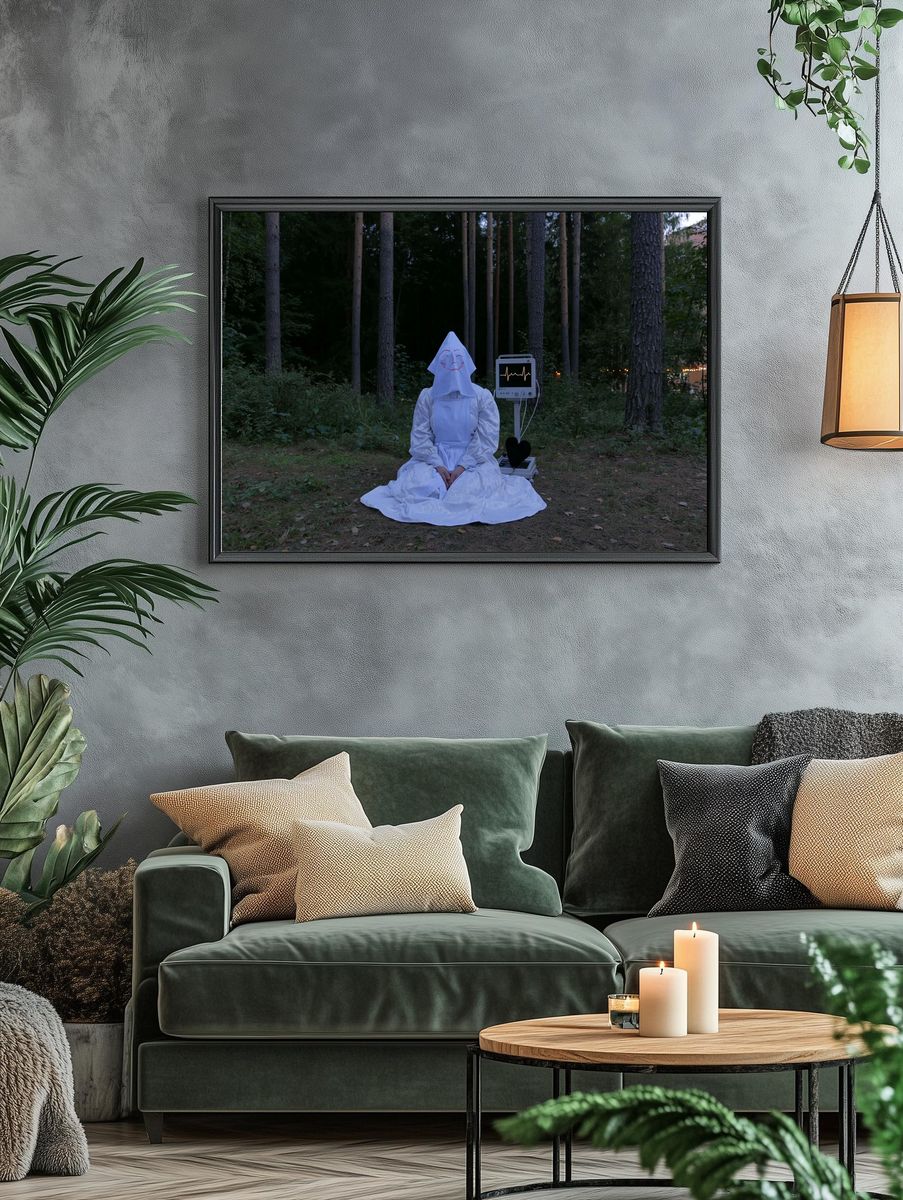 Masked Figure in Forest Photography Poster. — room view 4