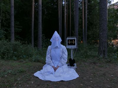 Masked Figure in Forest Photography Poster.