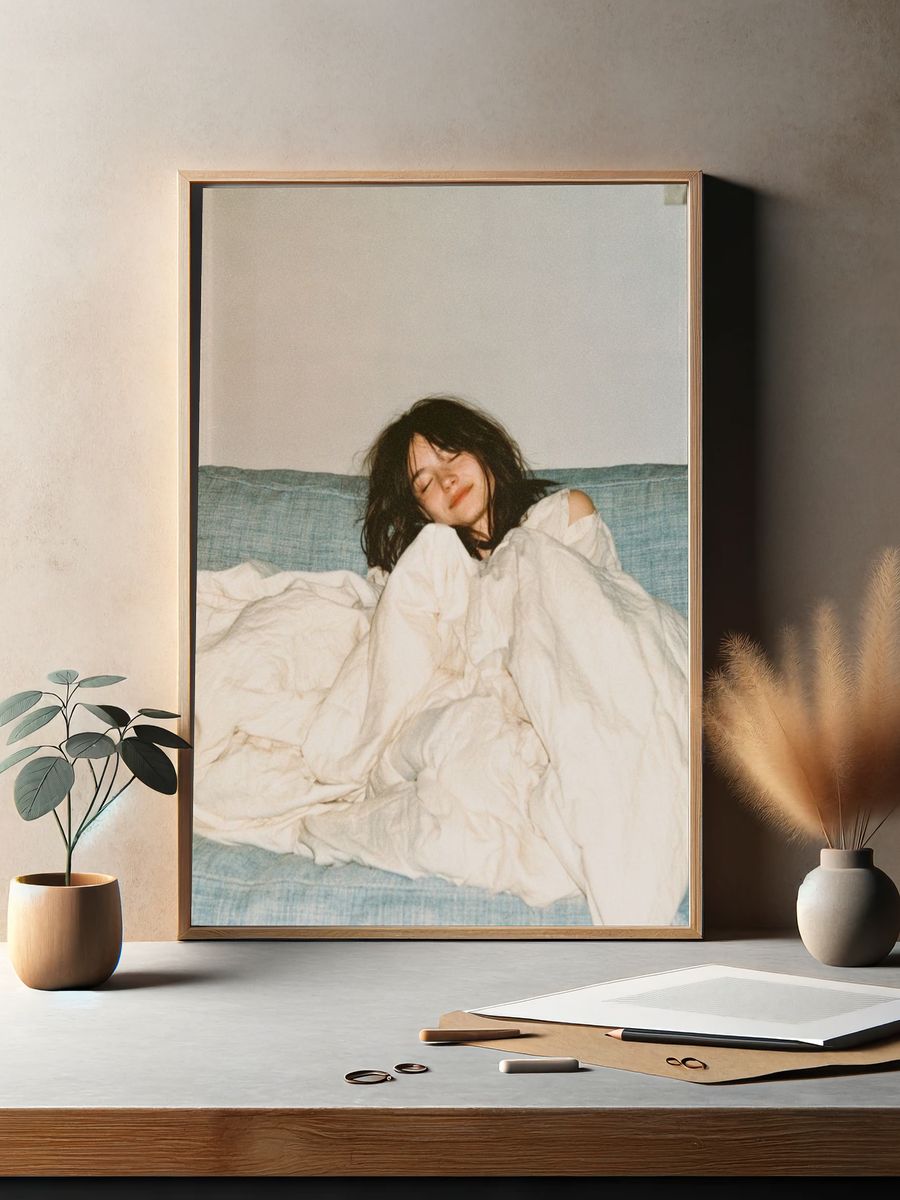 Sleeping Woman on Blue Sofa Poster. — room view 2