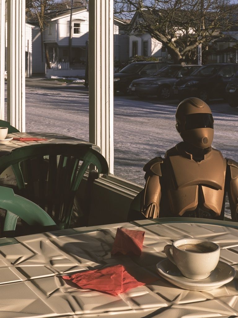 Robot Café Scene Photography Poster. poster detail