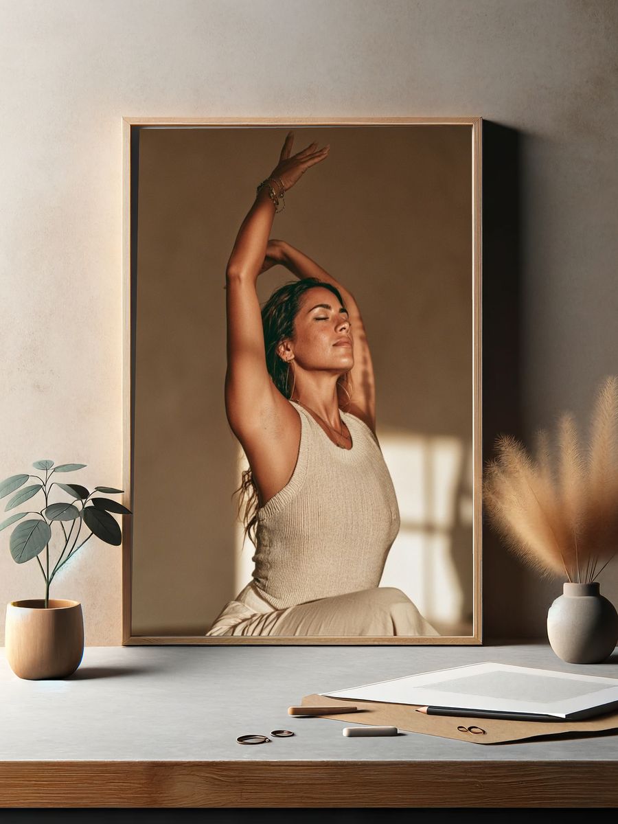 Sunlit Yoga Pose Photography Poster. — room view 2