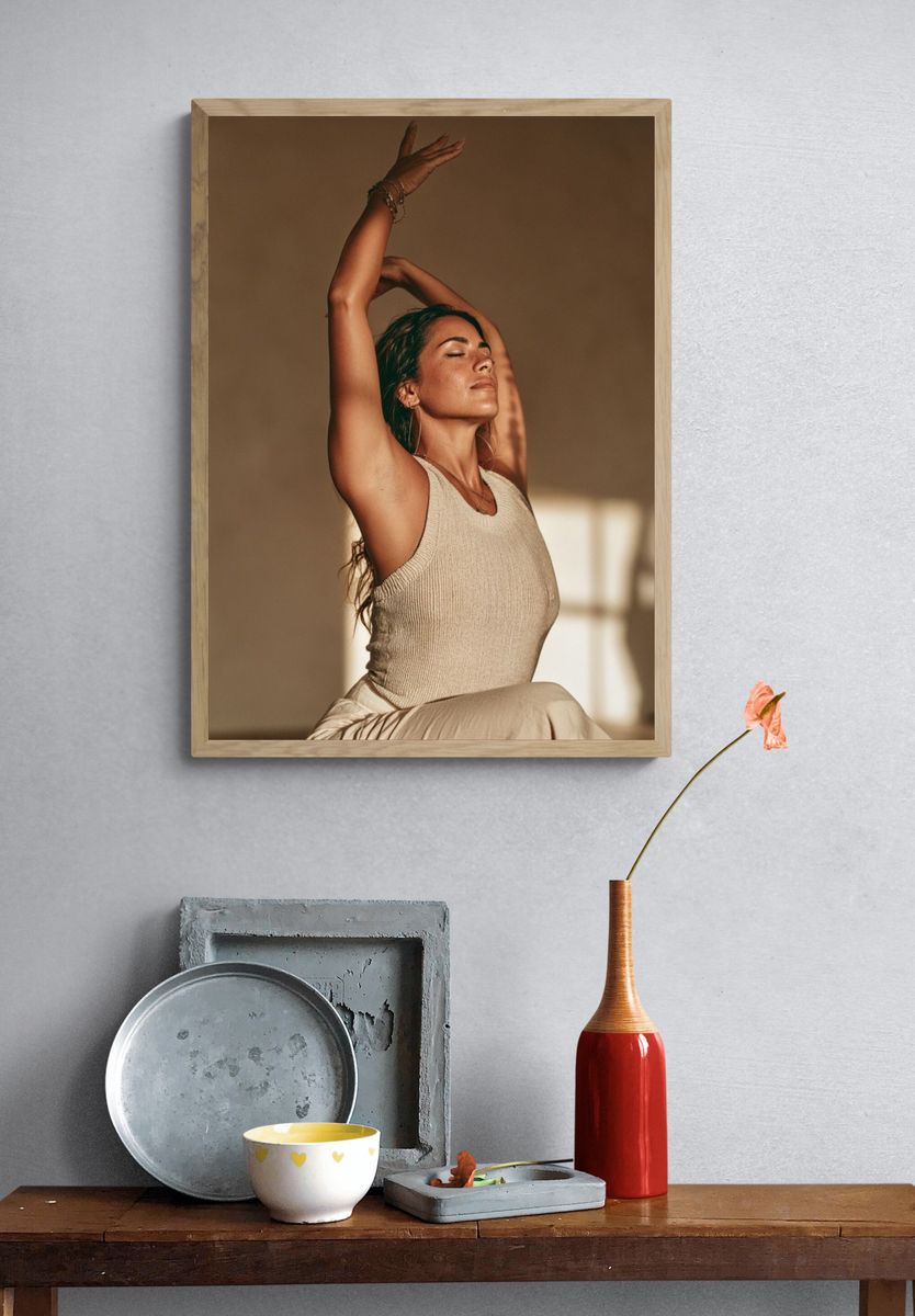 Sunlit Yoga Pose Photography Poster. — room view 3