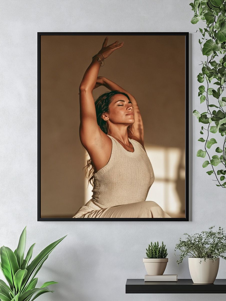 Sunlit Yoga Pose Photography Poster. — room view 4