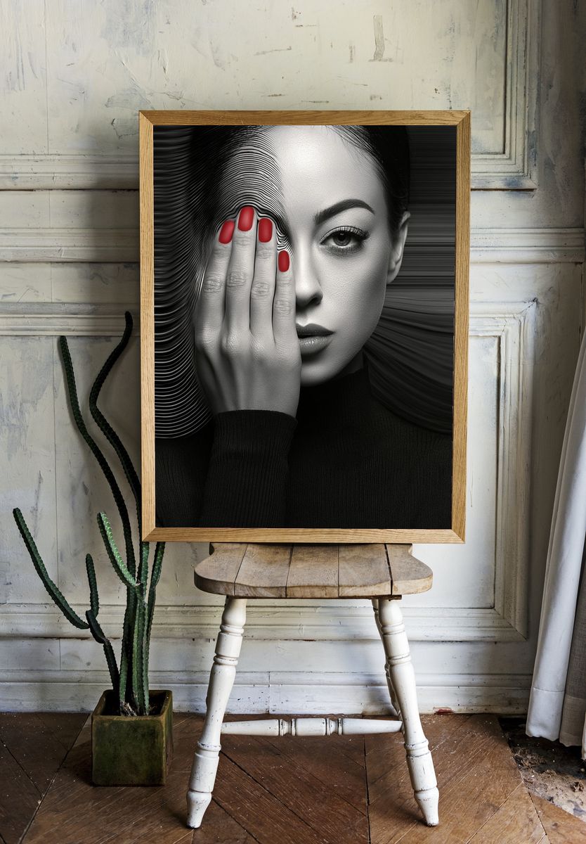 Monochrome Woman with Red Nails Print. room preview