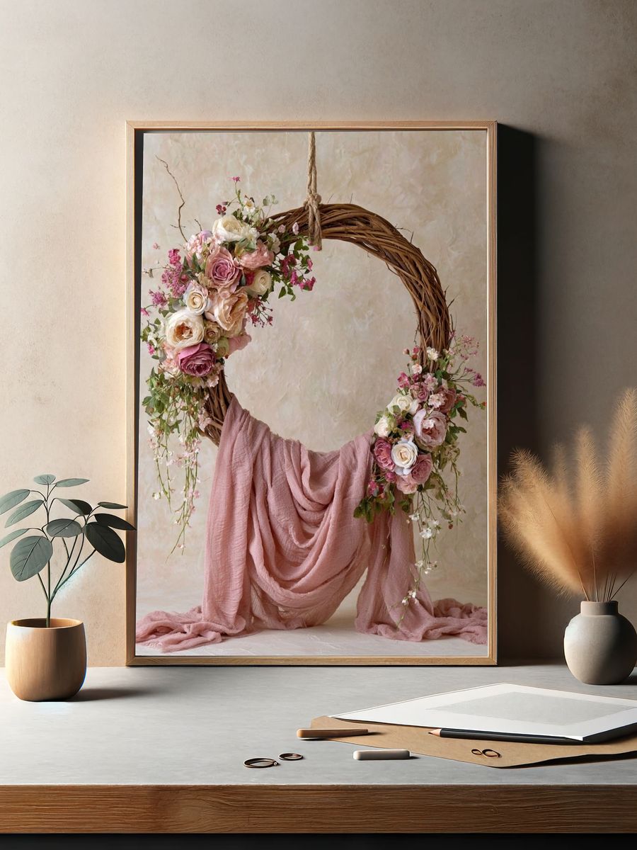 Blush Floral Wreath Photography Poster. — room view 2