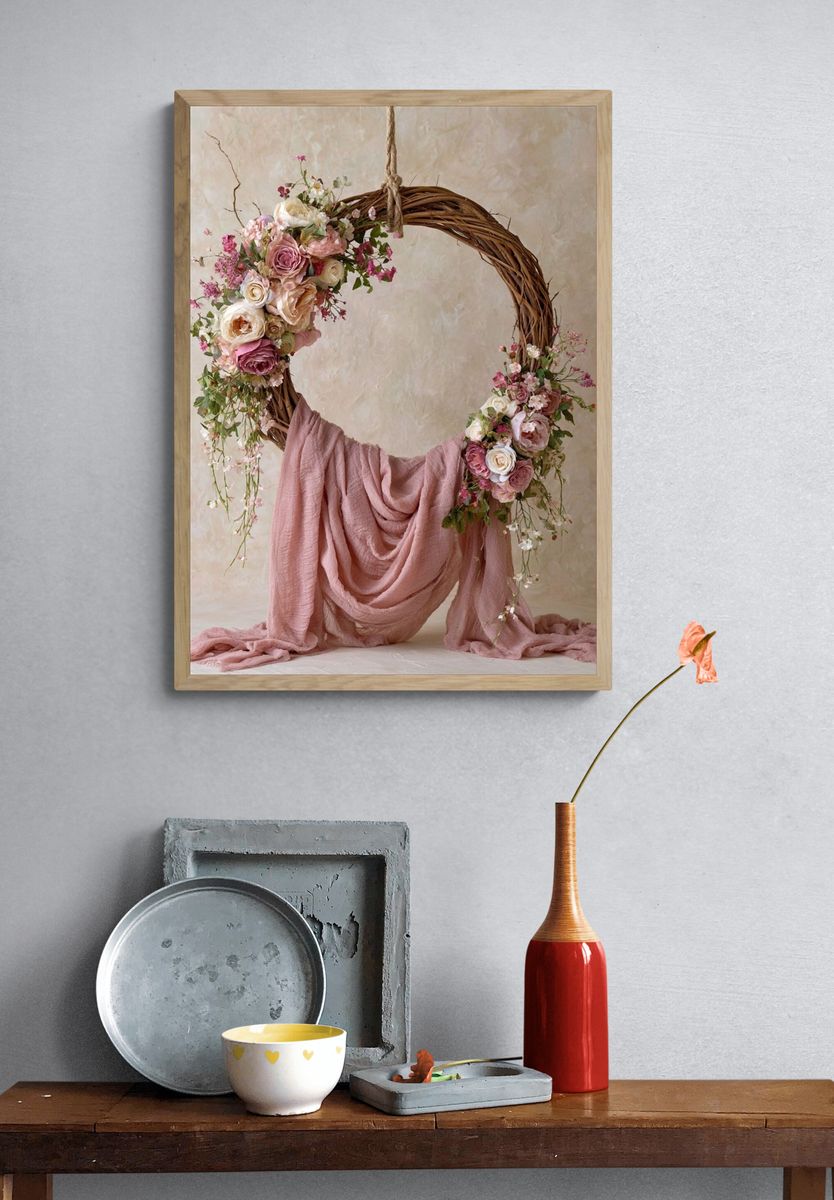 Blush Floral Wreath Photography Poster. — room view 3