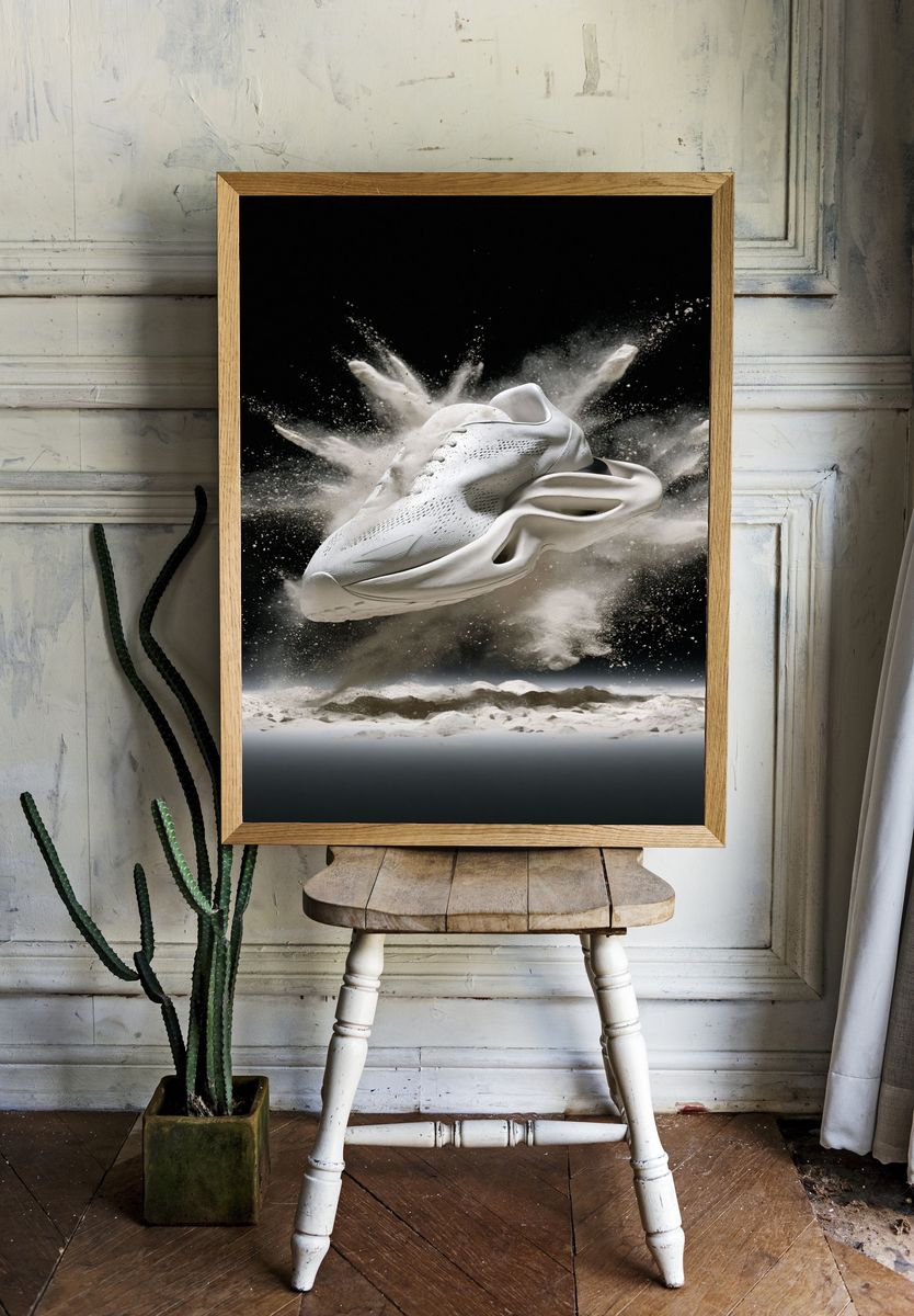 White Sneaker Explosion Photography Poster. room preview