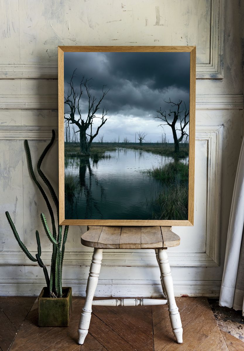 Stormy Wetland Trees Photography Poster. — room view 1
