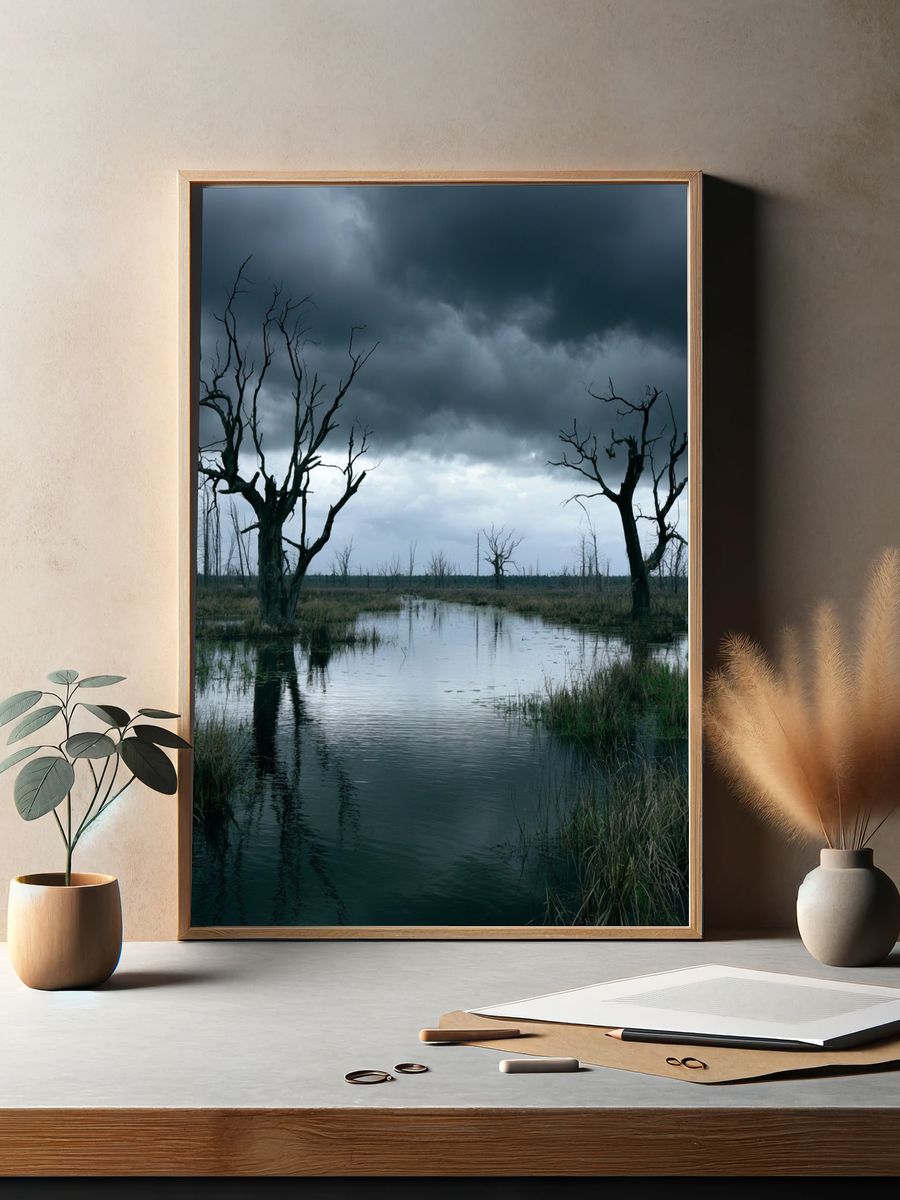 Stormy Wetland Trees Photography Poster. — room view 2