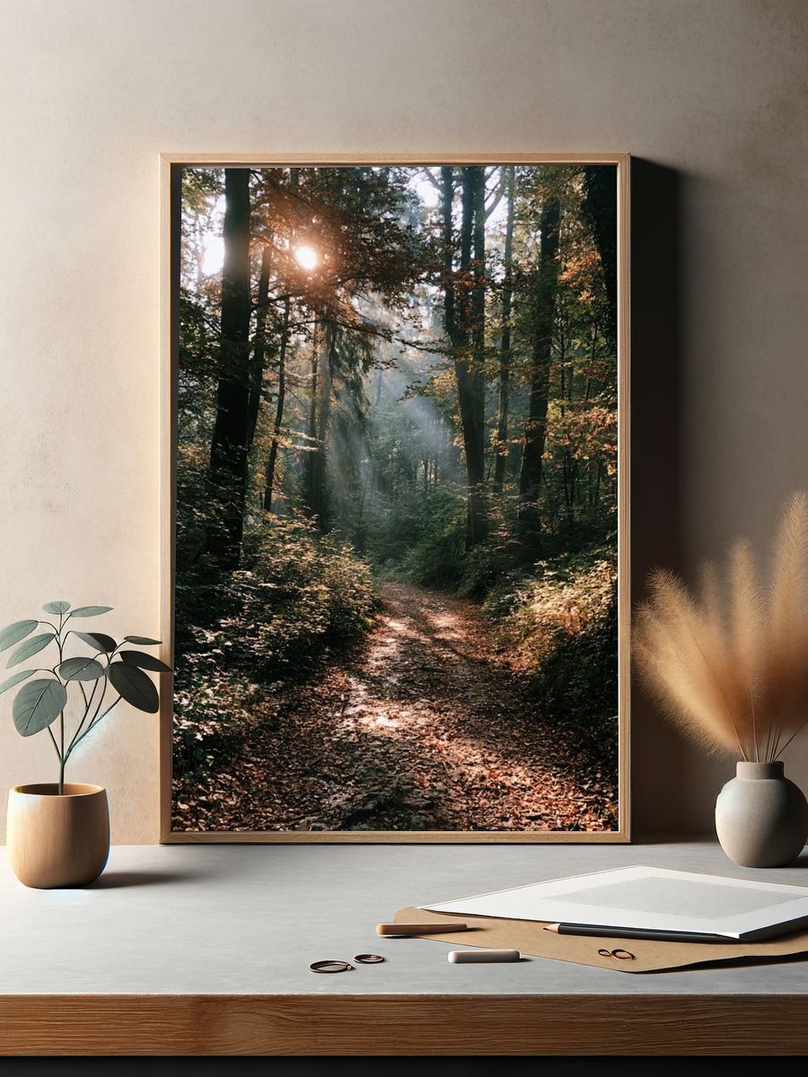 Sunlit Forest Path Photography Poster. — room view 2