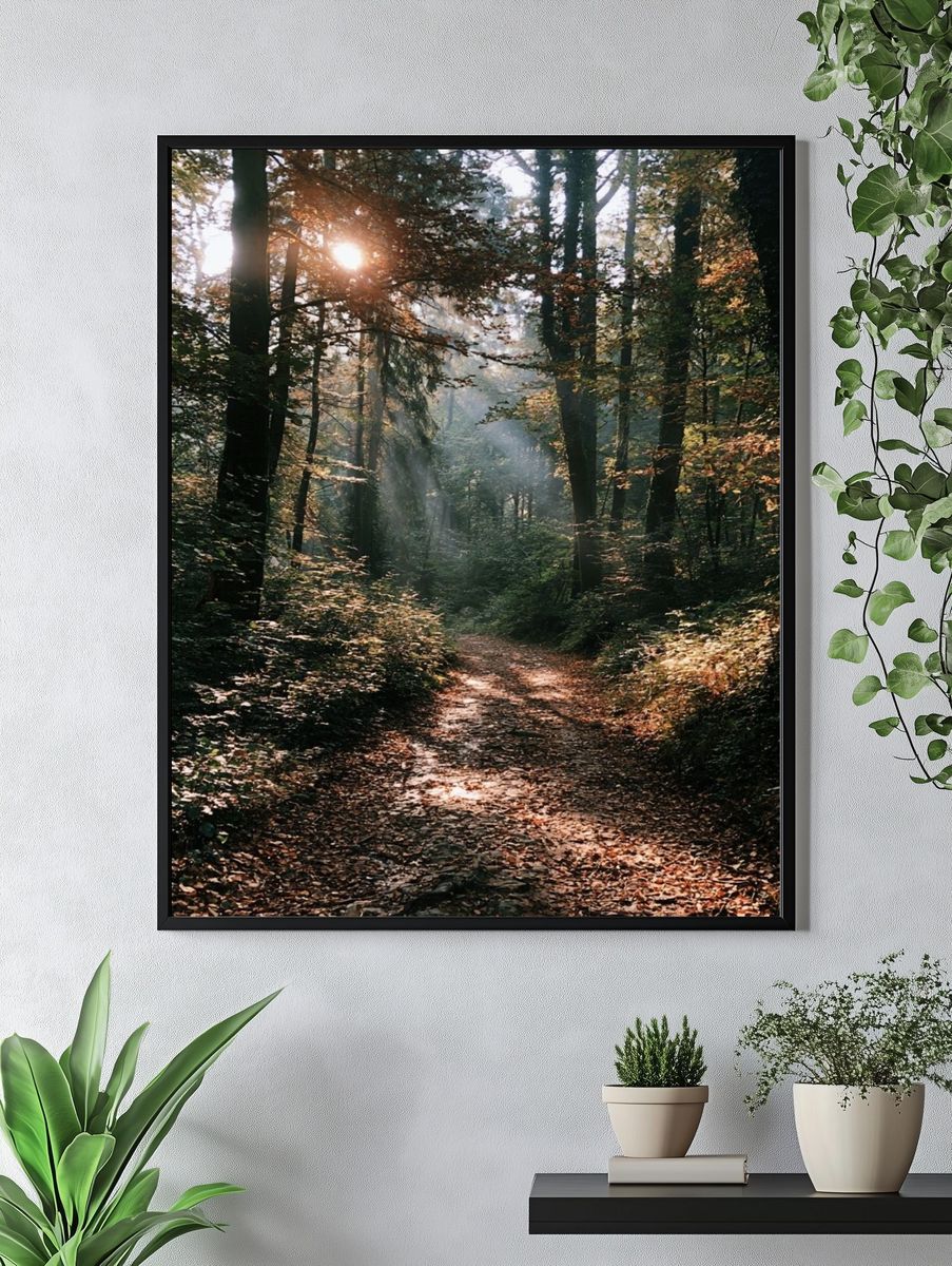 Sunlit Forest Path Photography Poster. — room view 4