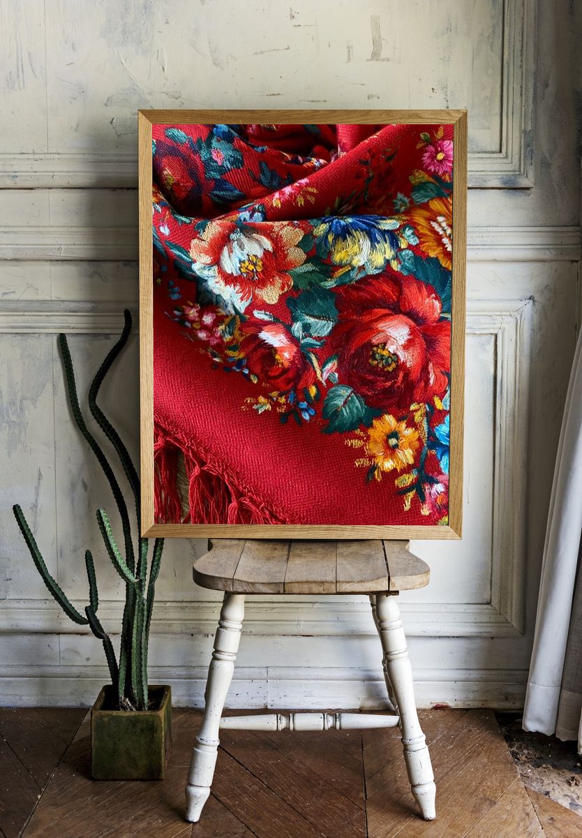 Floral Embroidered Textile Print. room preview