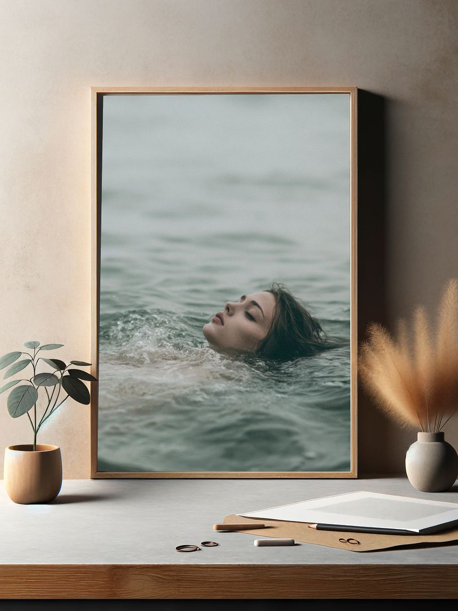 Floating Woman in Sea Photography Print. — room view 2