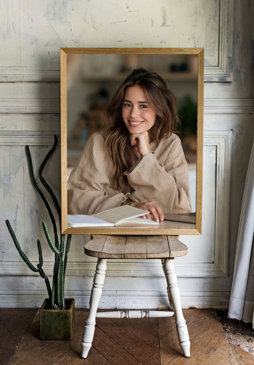 Smiling Woman at Desk Photography Poster. room preview