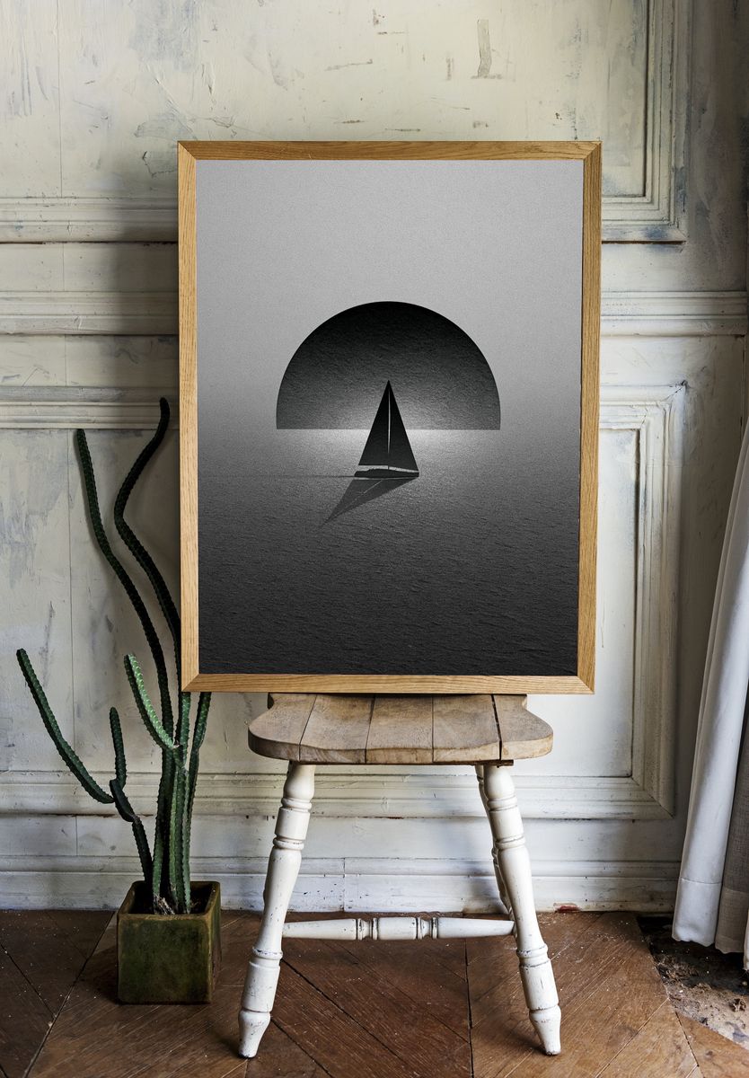 Sailboat Silhouette Black-White Print. — room view 1