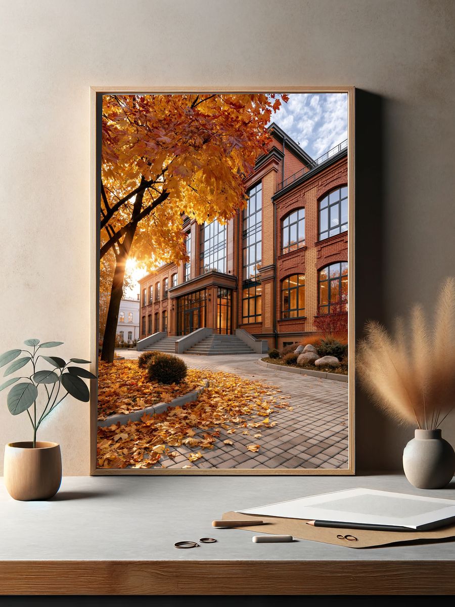 Autumn Brick Building Photography Poster. — room view 2