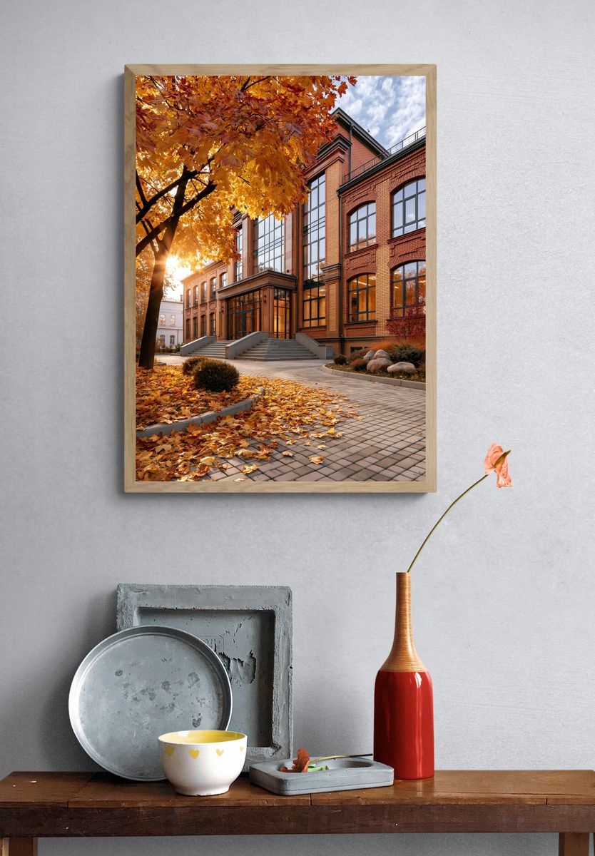 Autumn Brick Building Photography Poster. — room view 3
