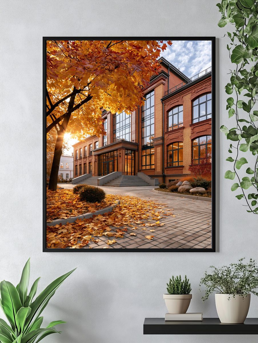 Autumn Brick Building Photography Poster. — room view 4