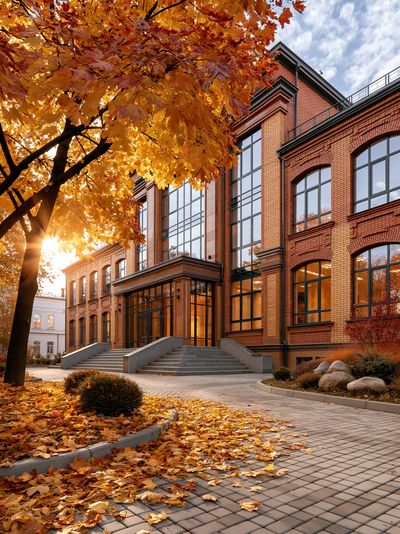 Autumn Brick Building Photography Poster.