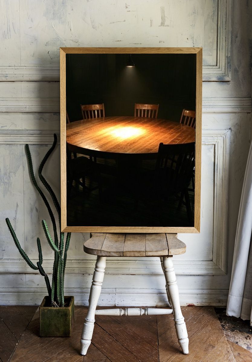 Dimly Lit Round Table Photography Poster. — room view 1