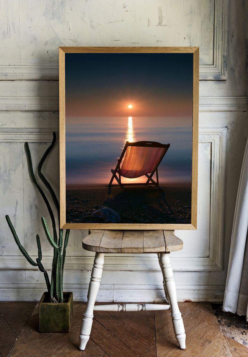 Sunset Beach Chair Photography Poster. — room view 1