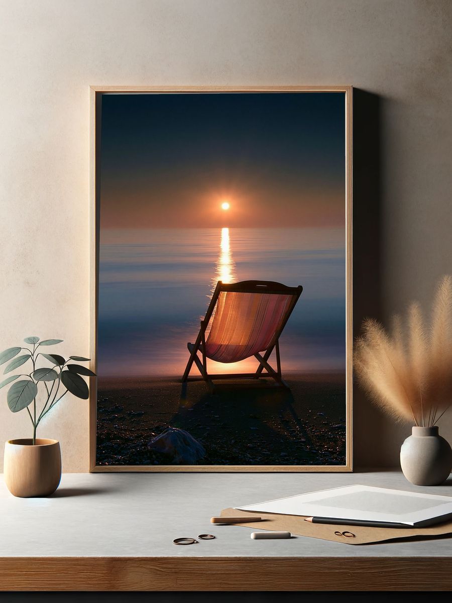 Sunset Beach Chair Photography Poster. — room view 2